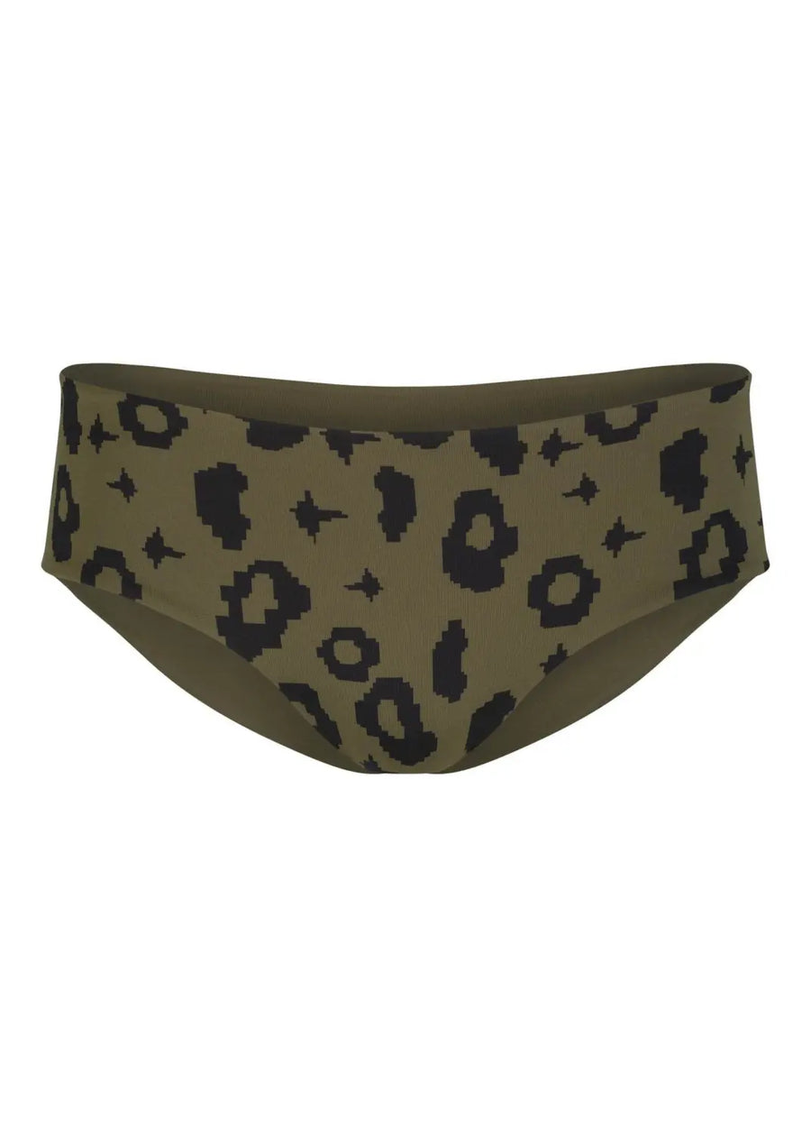 nachhaltige bikini bottom amami green leopard moss, sustainable swimwear, reversible swimwear