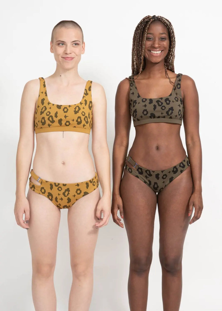 boochen sustainable bikini top caparica in yellow leopard Reversible bikini, surf bikini, eco-friendly swimwear, nachhaltige bademode, bikini oberteil