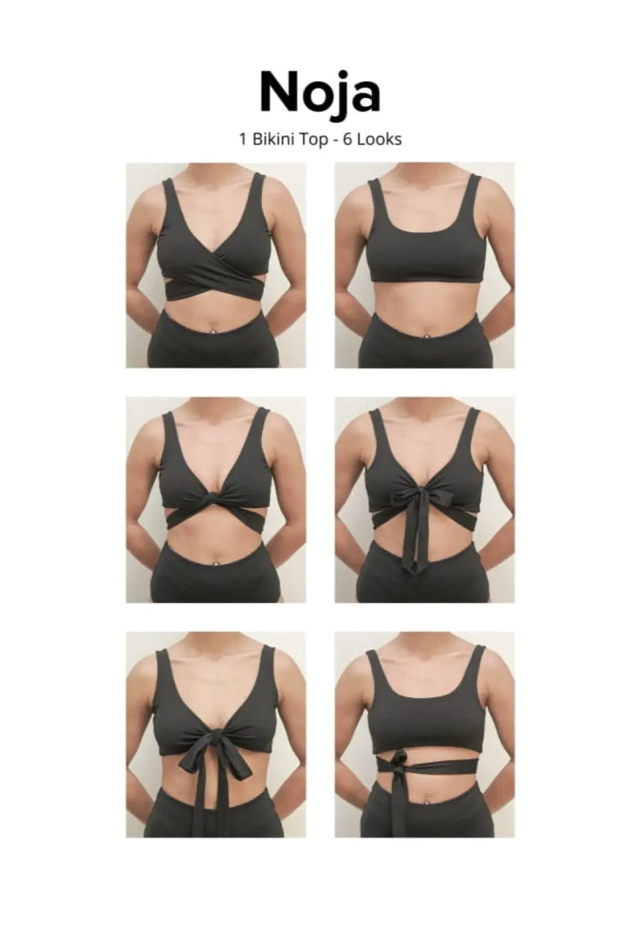 Black convertible sports bra that can be worn in multiple tie configurations.